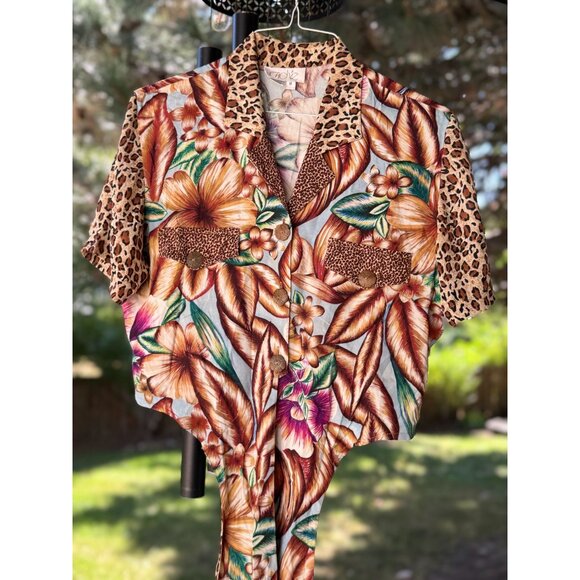 NEW Vintage Cache Floral Animal Print Brown Short Sleeve Tropical Top Blouse M - Picture 2 of 10